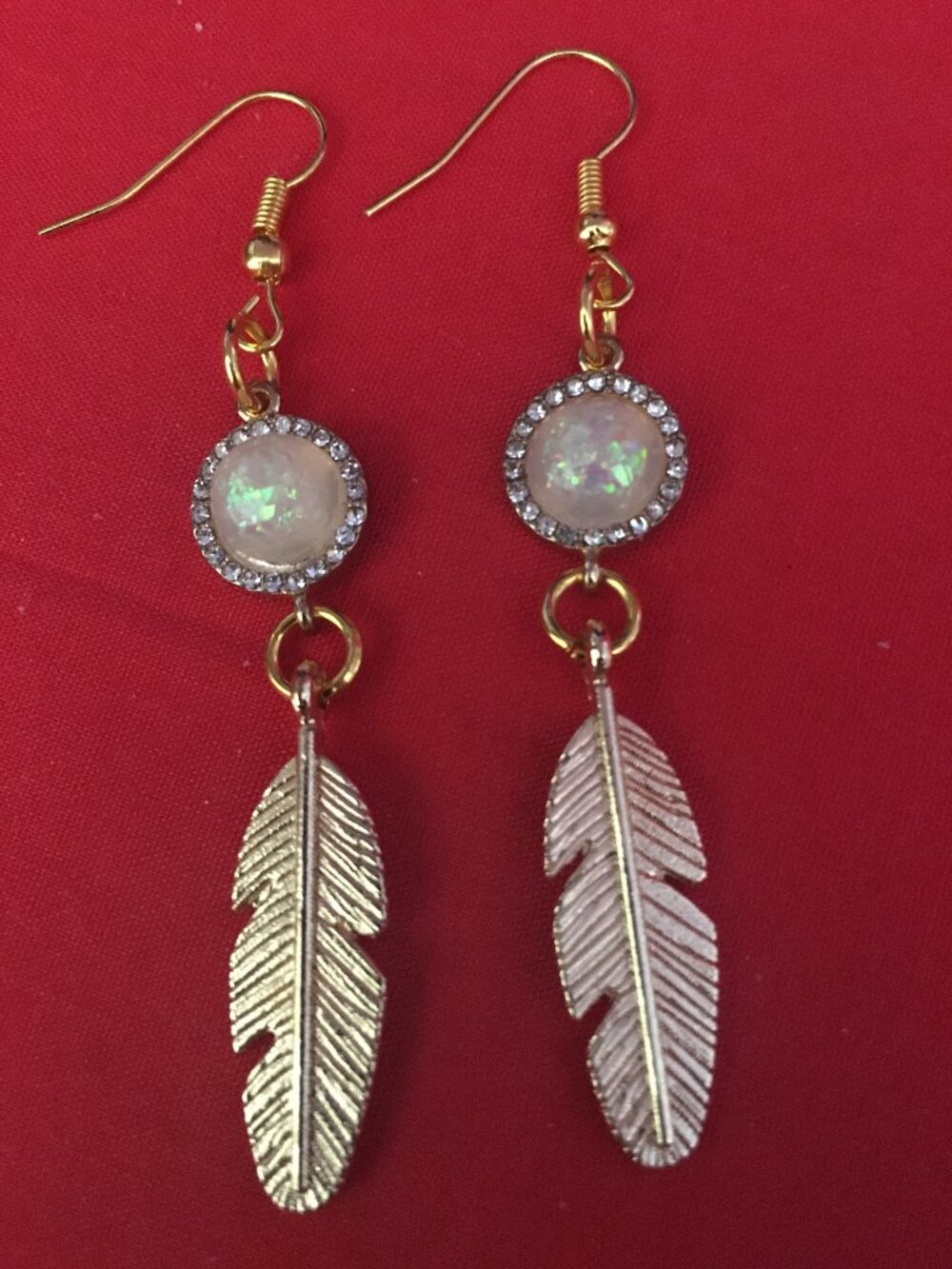 Opal Rhinestone Feather Dangle Earrings